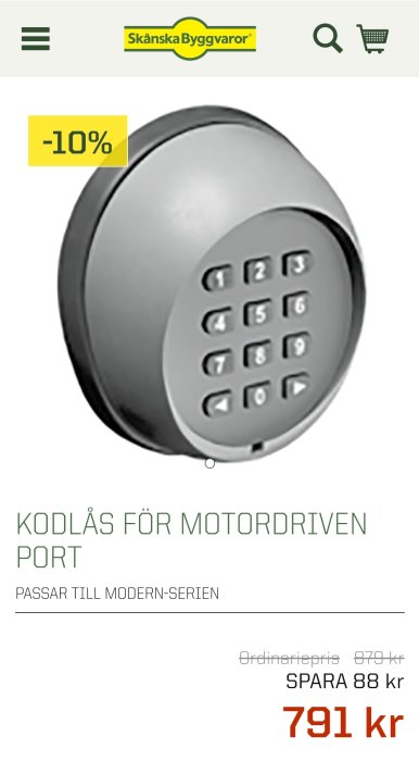 Kodlås för motoriserad garageport, rund design med upplysta siffror, Skånska Byggvarors reklambild.