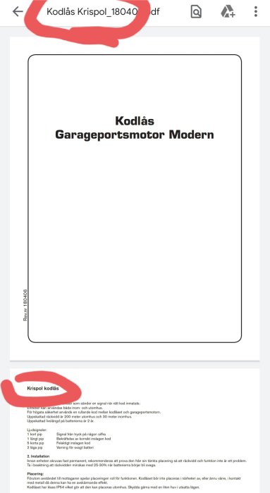 Monteringsanvisning för Kodlås Krispol till garageportsmotor med beteckningen och instruktioner.