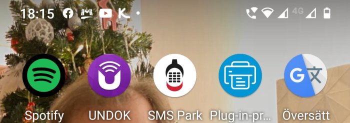Smarttelefonens statusfält med WiFi- och 4G-symboler samt appikoner, mot bakgrund av ett julgran.