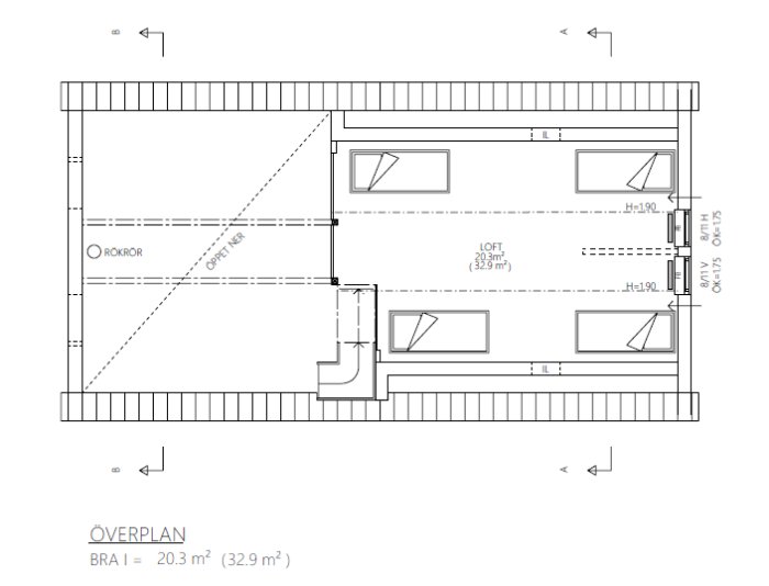 Ritning över ett loft på 20.3 m² med två sängar, öppet utrymme och markerade rökkanaler.