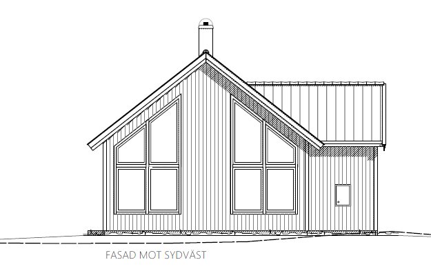 Ritning av husets sydvästfasad med vertikal panel och fönster, ej ner till golvet, för planerade långbänkar.