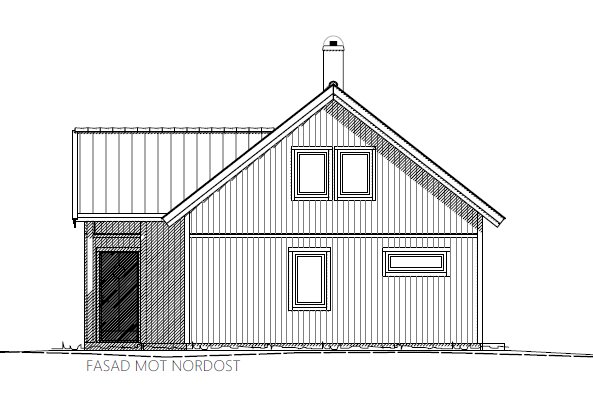 Arkitektonisk ritning av fasaden mot nordost för en timmerstuga med modifierade nederfönster för inredningsflexibilitet.