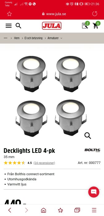 Fyra Bolthi LED decklights i förpackning, varmvitt ljus, för utomhusbruk.