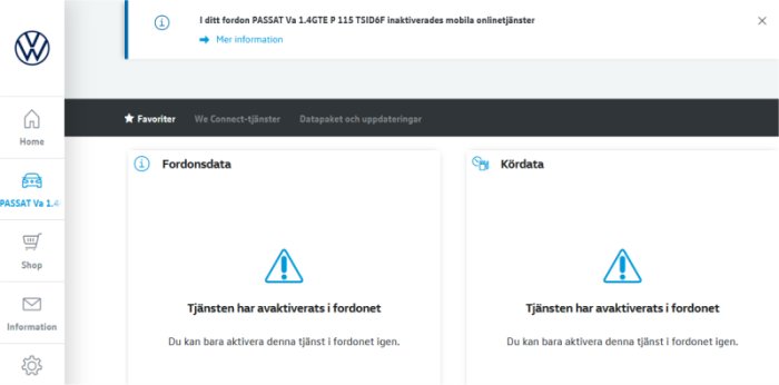 Bilens infotainmentskärm som visar felmeddelandet "Tjänsten har avaktiverats i fordonet".