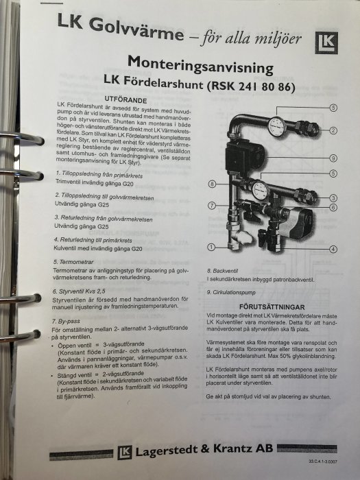 Montageanvisningar för LK golvvärmefördelarshunt med benämningar och numrerade delar.