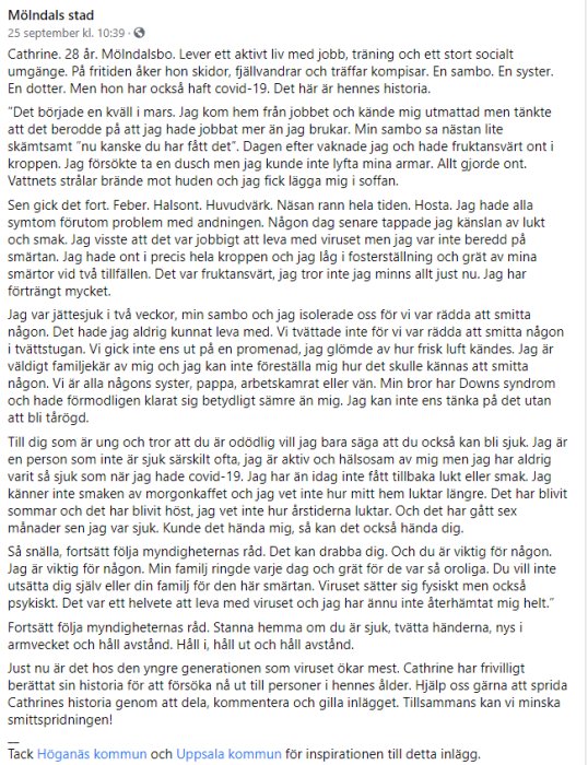 Skärmdump av ett Facebook-inlägg från Mölndals stad med en personlig berättelse om att leva med COVID-19.