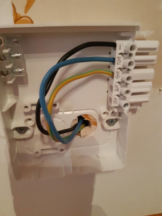 Eluttag under installation med exponerade kablar märkta enligt inläggsinstruktioner.