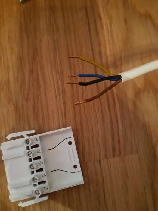 Elektrisk kabel med blå, brun, gul/grön tråd och kopplingsdosa mot trägolv.