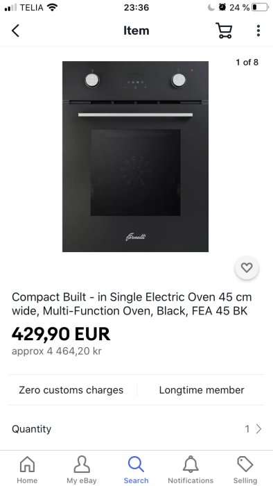 Svart inbyggnadsugn på 45 cm med vred och digital display, märke Famelli.