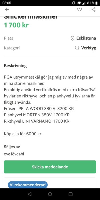 Screenbild av en annons om försäljning av snickerimaskiner med prisinformation och kontaktuppgifter.