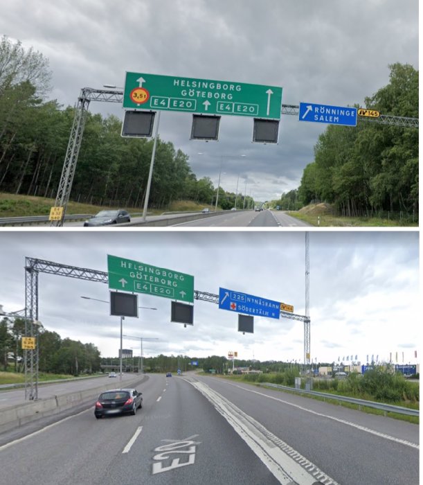 Övre bild visar trafikskyltar på motorväg för rakt fram, nedre bild av filbyte för rakt fram längre fram.