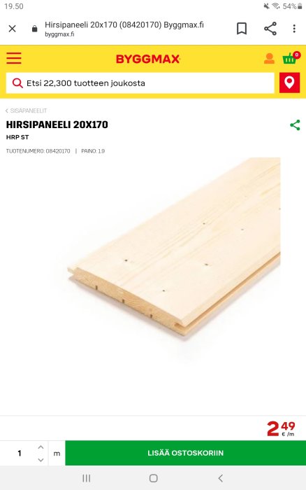 Obehandlad hirsipaneeli (timmerpanel) i storleken 20x170 mm på en vit bakgrund.