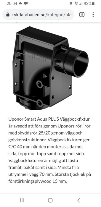 Svart Uponor väggbockfixtur avsedd för rörinstallation, visande fästpunkter och röranslutning.