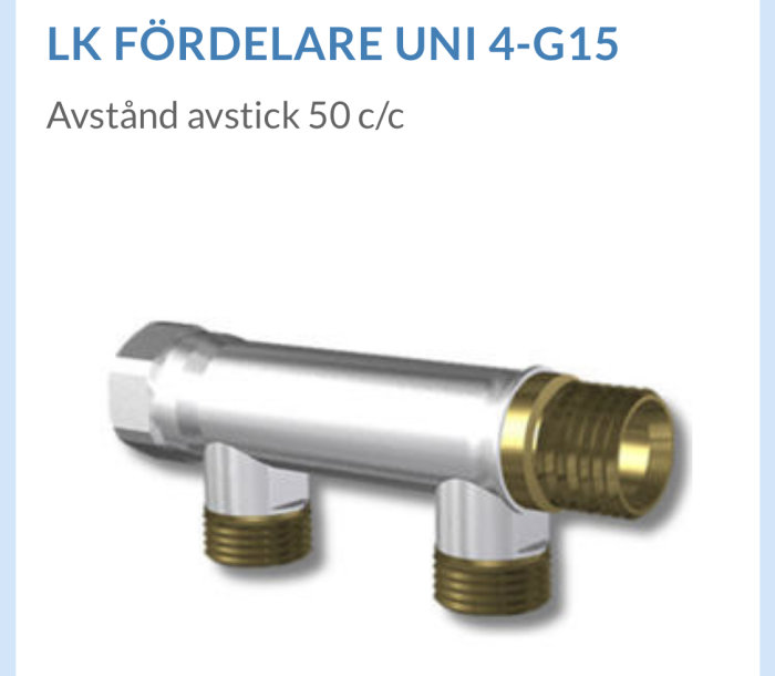 LK fördelare UNI 4-G15 med två avstick i 90 graders vinkel och gängade anslutningar.