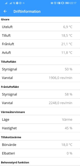 Skärmdump av driftinformation för ventilationssystem som visar temperaturer och fläkthastigheter.