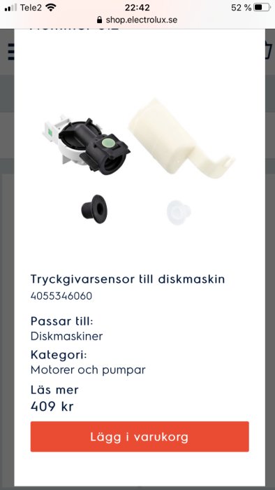 Tryckgivarsensor till diskmaskin med slang, visad på en online-produktsida.