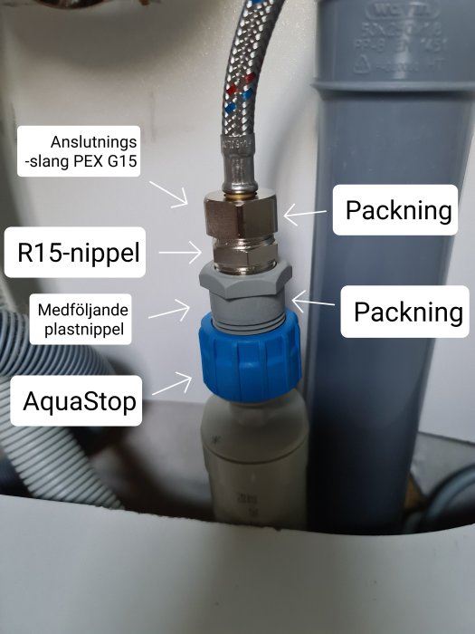 Anslutning av tvättmaskinslang med Aqua Stop, R15 nippel, packningar och PEX G15 slang.