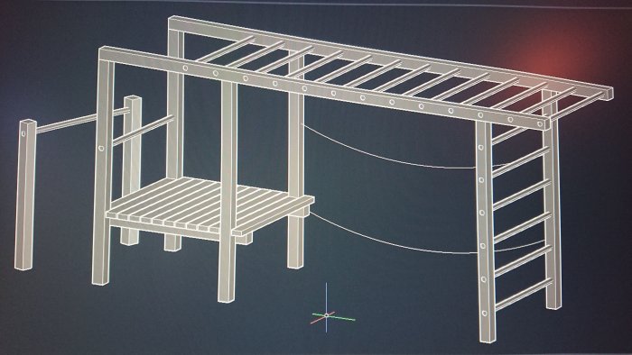 CAD-ritning av en klätterställning med stegar, plattform och pull-up-stång, byggd av trä och rostfritt rör.