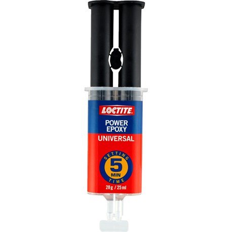 Loctite Power Epoxy Universal dubbelspruta för limning med texten "5 min" som anger torktid.