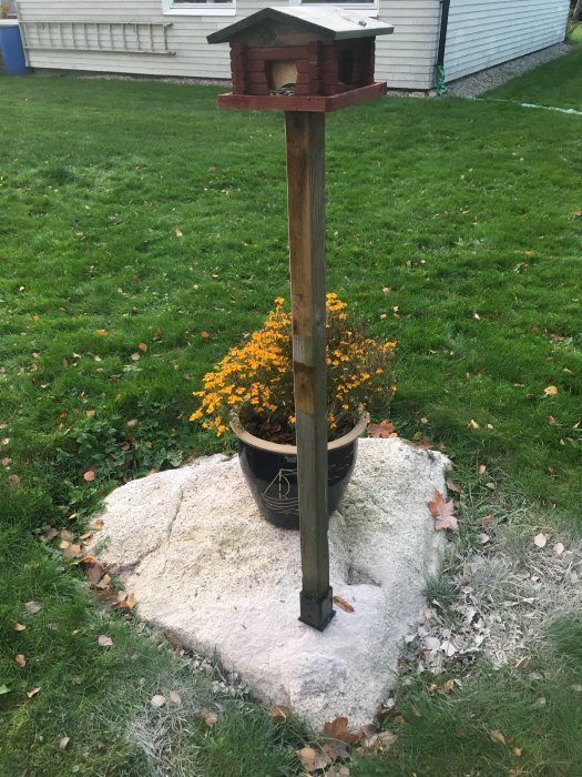 En stor sten i en gräsmatta med en stolpe och fågelstuga monterad på, intill en blomkruka med gula blommor.