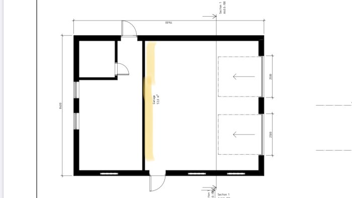 Ritning som visar planlösning för omvandling av förrådsdel i garage till boyta med markerad vägg för brandskydd.