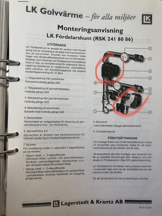 Instruktionsmanual för LK Golvvärme med markerade områden 2a och 2c på en illustration av en fördelarshunt.