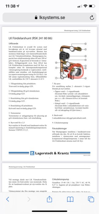 Skärmbild av en installationsmanual för LK Fördelarshunt på en hemsida, med instruktioner och diagram.