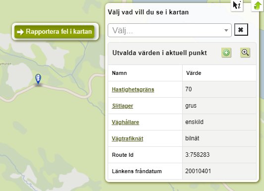 Skärmdump av en digital karta med val för hastighetsgräns, underlag och väghållare.