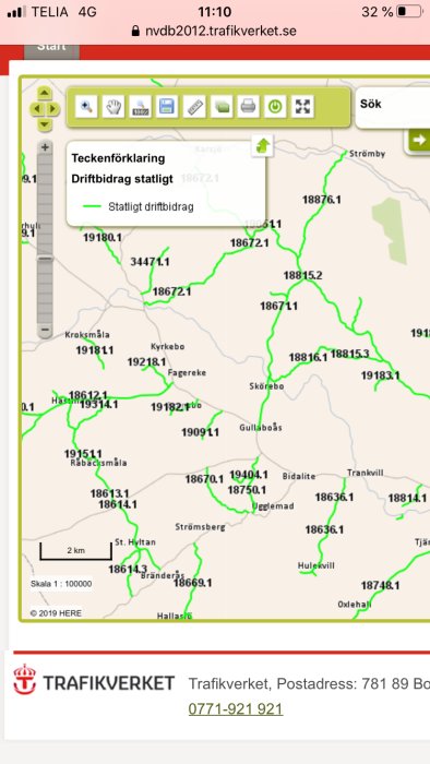 Kartbild över vägnät med statligt driftbidrag markerat i grönt i en region i Småland.