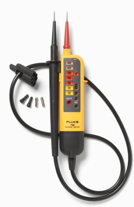 Fluke spänningsprovare med testspetsar och utbytbara spetsar mot vit bakgrund.