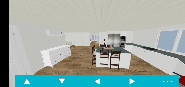 3D-modell av kök med öppen planlösning, köksö, matplats och vit inredning, ryggåstak, trägolv.