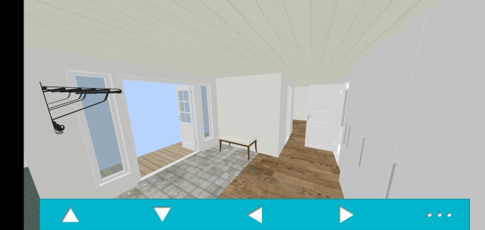 3D-rendering av en utbyggd heminteriör med ryggåstak, trägolv, och vitmålade väggar.