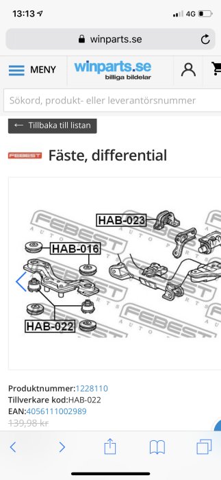 Explosionsvy av differentialfäste med delnummer HAB-016 och HAB-022 markerade för Honda CRV.