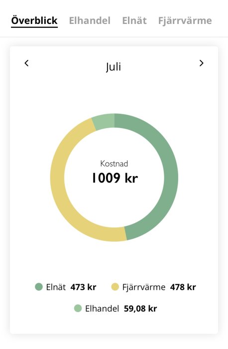 Cirkeldiagram som visar kostnaden för elnät, fjärrvärme och elhandel för juli, totalt 1009 kr.