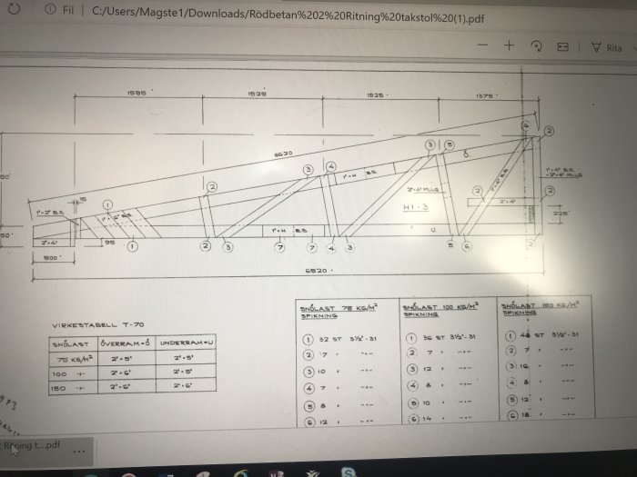 Konstruktionsskiss av takstolar på en datorskärm med måttangivelser och snölasttabeller.
