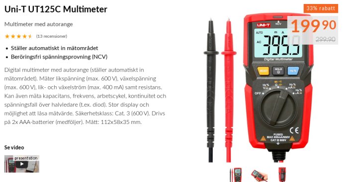 Röd och svart digital multimeter av märket Uni-T med mätprober visar 385.6 på displayen, erbjuden till rabatterat pris.