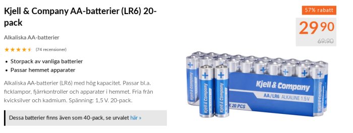 Kjell & Company AA-batterier 20-pack med extrapris, främst i blått och silverfärg, med 57% rabattmarkering.