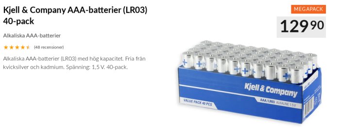 Förpackning med 40 Kjell & Company alkaliska AAA-batterier (LR03) på extrapris.