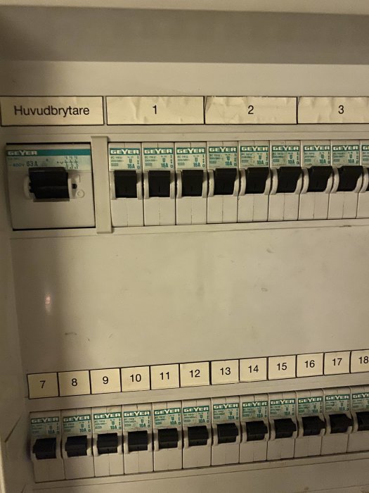 Elcentral med huvudbrytare och rad av säkringar märkta Geyer, belysta i svagt ljus.