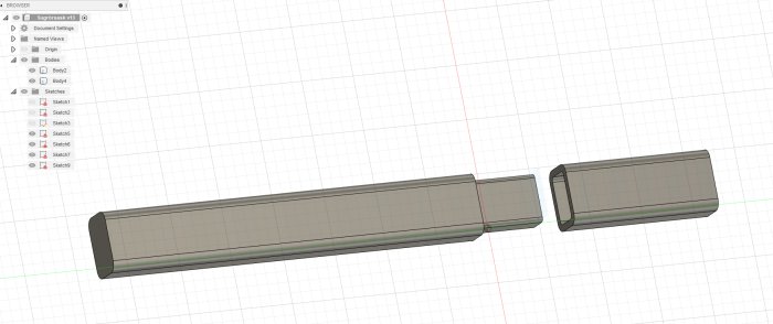 3D-modell av en konstruktion med två rörformade delar och en kopplingsmekanism i ett CAD-program.