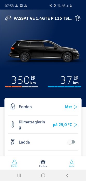 Skärmbild av We Connect-appen som visar en bil med 37 km elektrisk räckvidd och 350 km total räckvidd.