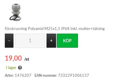 Polyamid förskruvning M25x1,5 IP68 med mutter och tätning, knapp för köp och prisinformation.