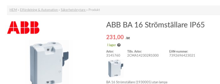 ABB BA 16 strömbrytare IP65 för utomhusbruk, grå, visad på produktwebbsida med prisinformation.