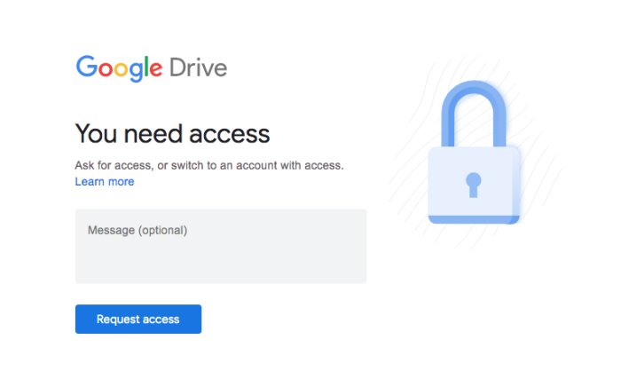 Skärmdump av Google Drive's åtkomstbegärandesida med texten "You need access" och en låssymbol.