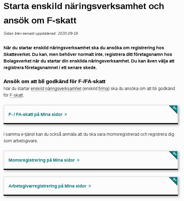 Skärmdump av information om att starta enskild näringsverksamhet och ansöka om F-skatt.