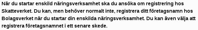 Textutdrag med information om registrering av enskild näringsverksamhet hos Skatteverket och Bolagsverket.