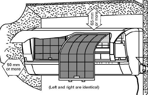 Schematisk illustration av en luftvärmepumpsinstallation med måttangivelser för avstånd till tak och sidor.