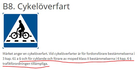 Svensk vägtrafikskylt B8 som betecknar cykelöverfart med symbolen för en cyklist på övergångsställe.