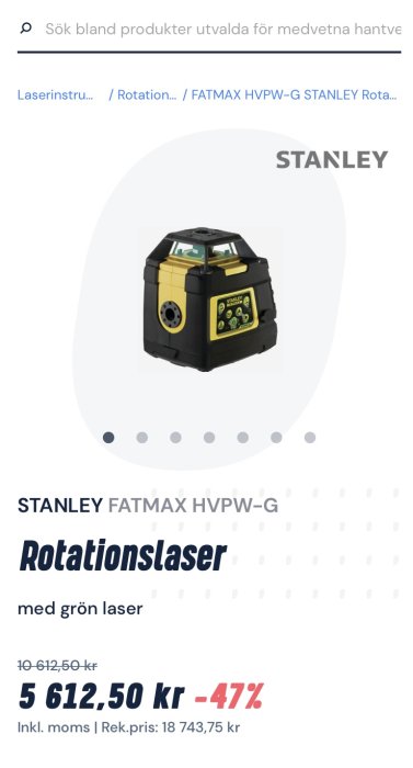 Stanley Fatmax HVPW-G rotationslaser med grön laser och prisinformation, rabatterad till 5612,50 kr.