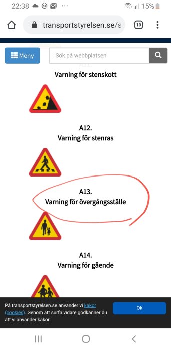 Skärmdump av trafikskyltar med varning för stenskott, stenras och övergångsställe från en hemsida.